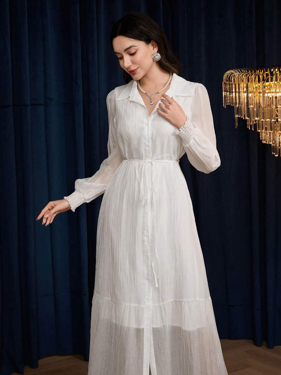 Modelyn 女士纯色长袖长裙，休闲时尚，适合日常穿着 - 白色 - 查看 1