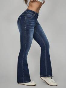 SHEIN PETITE Women's Front Button Pocket Minimalist Flare Jeans - Blue - View 3