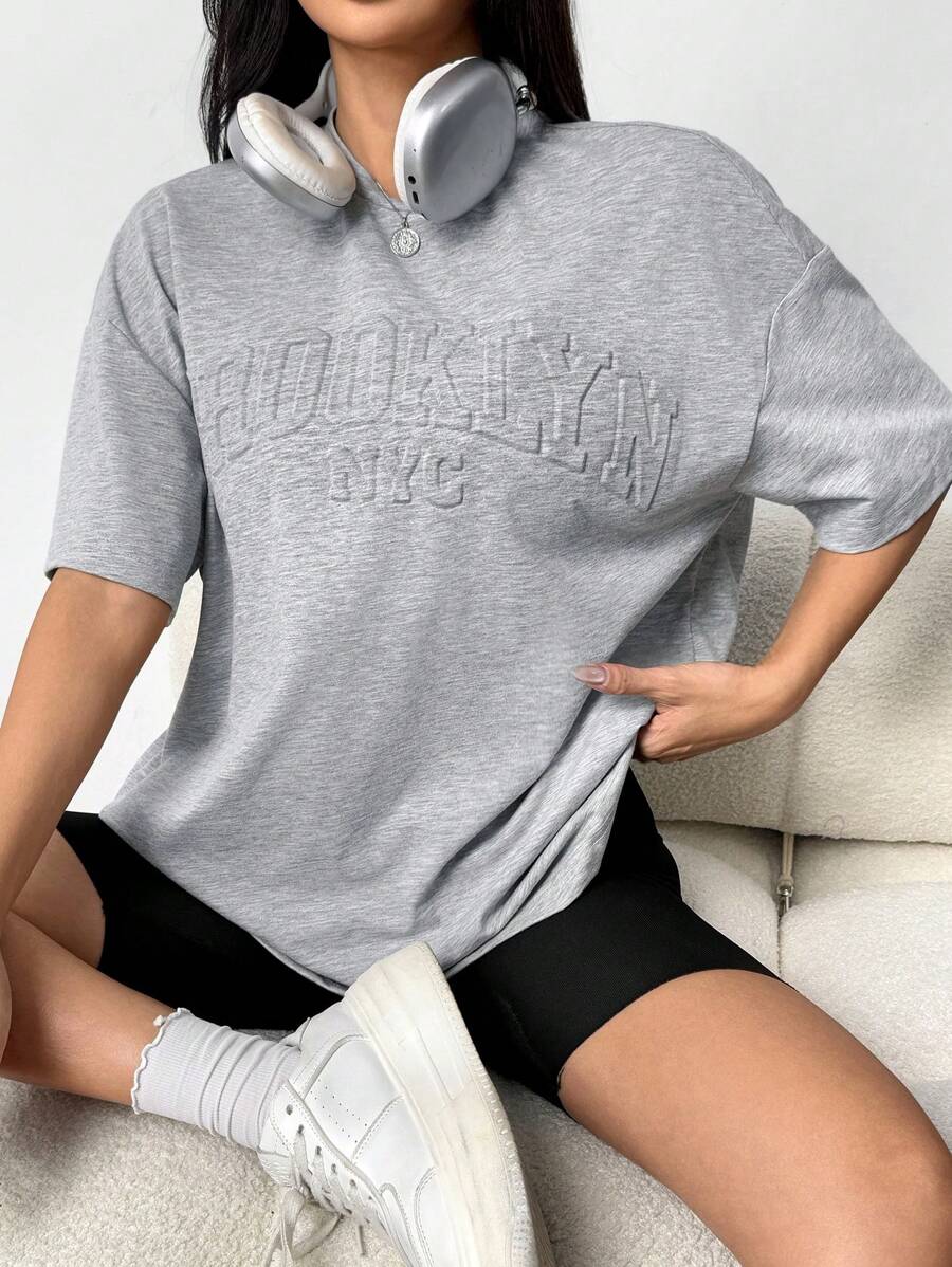 SHEIN EZwear 夏季上衣 粉色纯色字母压花落肩 T 恤 - 灰色 - 查看 1