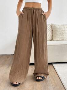SHEIN EZwear Women's Solid Color Tie Waist Straight Leg Textured Loose Pants