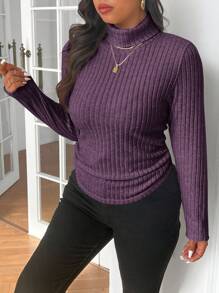 SHEIN Frenchy Plus Size Ribbed Fleece Turtleneck Bodycon Turtleneck T-Shirt - Purple - View 2