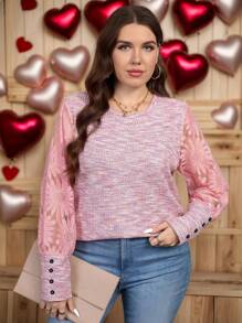 SHEIN LUNE Plus Size Ziua Îndrăgostiților Femei Vară Dantela Mâneci lungi Patchwork Roz Top Femei - Roz - Vizualizare 9
