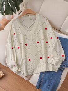 SHEIN Frenchy Plus Size V-Neck Long Sleeve Heart Print Casual Pullover Sweater Fall/Winter - Multicolor - View 5