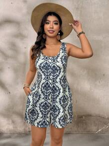 SHEIN LUNE 大码女式夏季复古假日复古图案圆领无袖休闲连体裤 - 彩色 - 查看 4