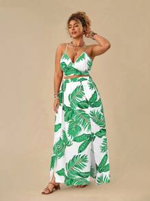 SHEIN VCAY 加上热带印花吊带背心和开叉夏季半身裙 - 白色 - 查看 6