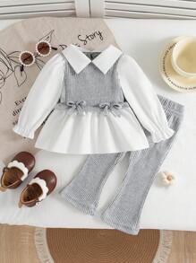 Souflis Souflis Toddler/Baby Girls Solid Color Patchwork Bow Decor Casual Top And Pants Set - Grey - View 1