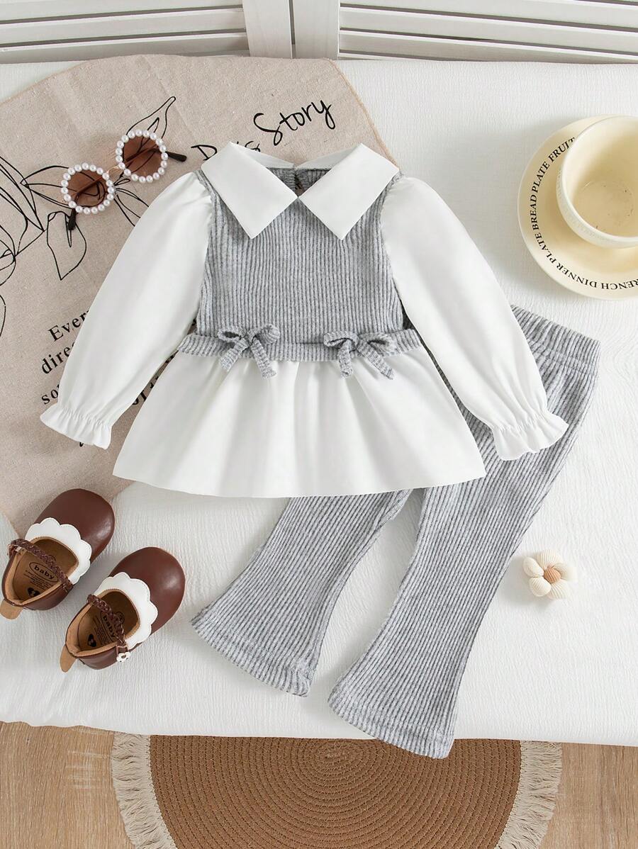 Souflis Souflis Toddler/Baby Girls Solid Color Patchwork Bow Decor Casual Top And Pants Set - Grey - View 1