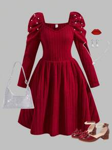 Teen Girl Elegant Knitted Ribbed Square Collar Beaded Long Sleeve Fitted Dress, For Spring & Autumn & Winter - Burgundy - View 1