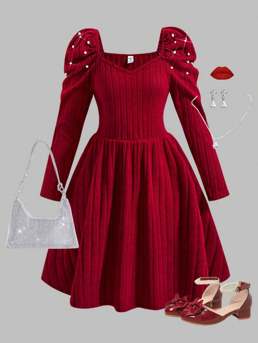 Teen Girl Elegant Knitted Ribbed Square Collar Beaded Long Sleeve Fitted Dress, For Spring & Autumn & Winter - Burgundy - View 1