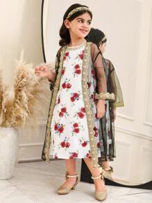 DRMZ 2pcs/Set Young Girl Woven Mesh Cardigan & Sleeveless Ditsy Floral Dress,Autumn,Sisters Sibling Outfits For Festivals & Special Events - Multicolor - View 4