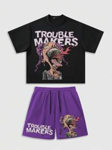 ROMWE MEN Street Life Men Heavyweight Boxy Fit Letter Graphic T-Shirt And Shorts Set - Black - View 1