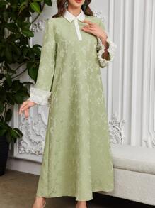 Al Najma 纯色拼布长袖简约花卉蕾丝领提花针织连衣裙，阿拉伯连衣裙，端庄 - 綠色 - 查看 6