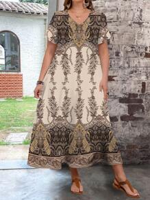 EMERY ROSE 女士加大码花卉印花休闲 V 领短袖连衣裙，适合夏季 - 杏色 - 查看 4