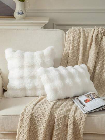 1pc Luxury Faux Rabbit Fur Pillow Case/Cushion Cover, Checkered Bubble Plush Decorative Pillow Sham For Sofa, Bedroom, Headboard, Soft & Skin-Friendly, White