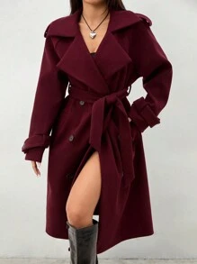 SHEIN PETITE Women's Plush Fake Fur Jacket, Short, Warm, Suitable For Autumn And Winter - Burgundy - View 5