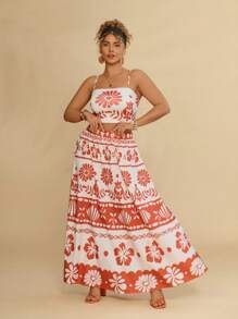 Travachic Plus Size Women Summer Casual Vacation Printed Cami Top & Skirt 2pcs/Set - Orange - View 1