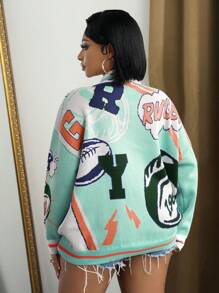 Slaydiva 街头服饰、休闲装和学院风 V 领长袖大码针织开衫，带有足球图案，适合大码女士，秋冬 - 綠色 - 查看 2