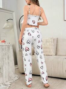 Bow Decor Waistband, Heart Print Cami And Long Pants Pajama Set Bowknot