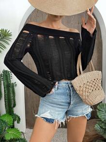 Breezaya 度假休闲纯色镂空露肩针织套头衫秋冬毛衣 - 黑色 - 查看 6