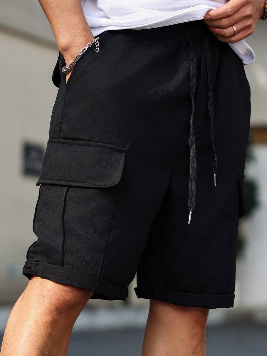 Manfinity Homme Men's Casual Versatile Patches Drawstring Waist Cargo Shorts - Black - View 1