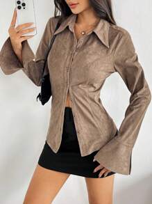 Flirla Women's Plain Color Cuff Slit Long Sleeve Shirt, Spring/Autumn - Brown - View 4