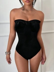 Flirla Elegant Velvet Halter Bodysuit With Cup Details