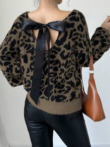 Chiquease 休闲豹纹提花针织毛衣，后背系带，秋冬针织套头衫 - 彩色 - 查看 7