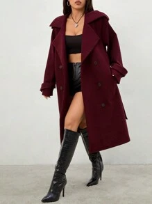 SHEIN PETITE Women's Plush Fake Fur Jacket, Short, Warm, Suitable For Autumn And Winter - Burgundy - View 7