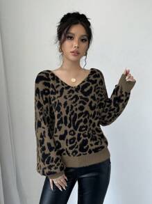 Chiquease 休闲豹纹提花针织毛衣，后背系带，秋冬针织套头衫 - 彩色 - 查看 5