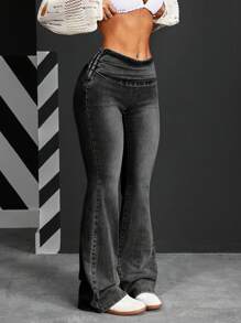 SHEIN PETITE 休闲复古洗水修身喇叭牛仔裤