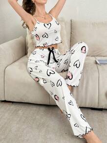 Bow Decor Waistband, Heart Print Cami And Long Pants Pajama Set Bowknot