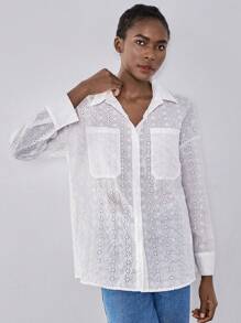 SHEIN Unity Loose Fit White Lace Embroidery Blouse, Oversized Casual & Fashionable Women Shirt Fall Cloth For Women - White - View 3