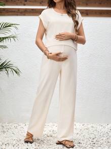 SHEIN 2pcs Maternity Casual Solid Color Short Sleeve Pants Set - Beige - View 4