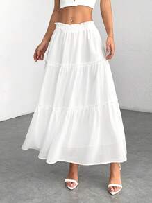 SHEIN PETITE Ruffle Skirt Boho Long Skirt Break Solid Frill Trim Ruffle Hem Skirt - White - View 7