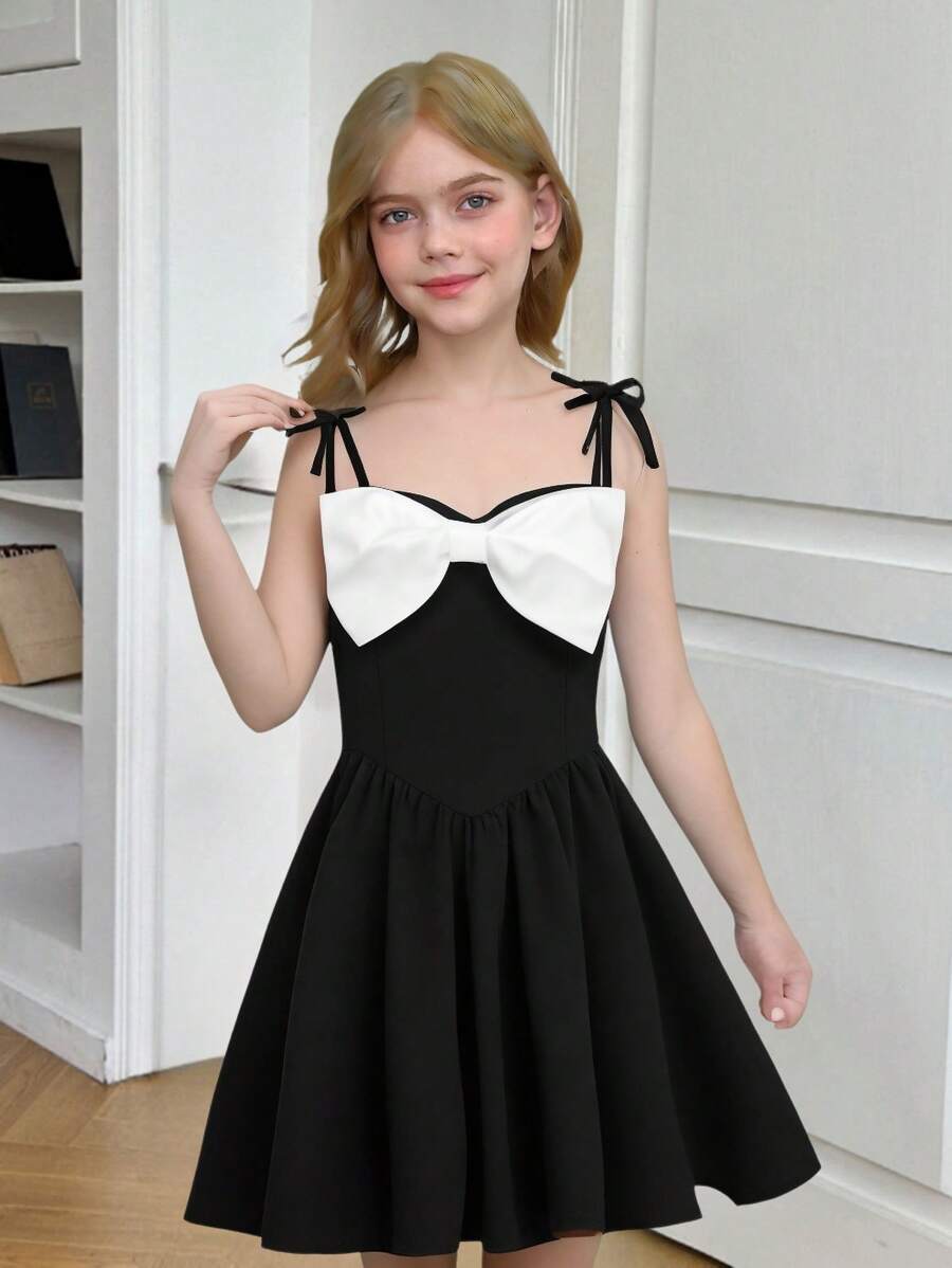 SHEIN Tween Girls Rochie elegantă, casual, fără mâneci, cu fundă decorativă, cu volane și rochie plină, potrivită pentru acasă, ieșire, petrecere, primăvară/vară/toamnă/iarnă, rochie prințesă, rochie neagră mică, Ziua Îndrăgostiților