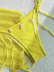 Swim Mod 3pcs Women Solid Color Halter Tie-Back Bikini Set For Summer Beach Vacation - Yellow - View 5
