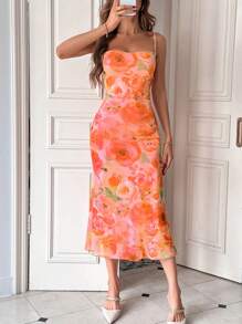 Firerie Women's Elegant All-Over Floral Print Mermaid Dress,Vacation Outfits Women - Orange - View 4