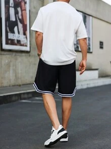 Aesthetic Post--Men's Round Neck Short Sleeve Letter Print Casual Basketball Jersey Style T-Shirt And Shorts Set - Black and White - View 6