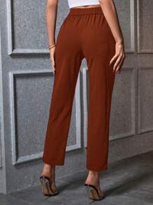 SHEIN Privé Women's Solid Color Metal Decor Pocket Casual Pants, Simple Design - Brown - View 6