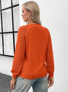 SHEIN LUNE Casual Solid Color Hollow-Out Knit Patchwork Raglan Sleeve Sweater - Orange - View 2