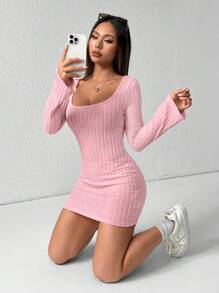SHEIN PETITE Solid Scoop Neck Flare Sleeve Bodycon Dress