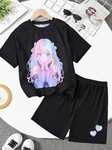 Tween Girls Cartoon Character Printed Short Sleeve Top And Shorts 2Pcs Set - Black - View 1