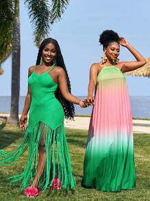 Slaydiva 大码女式渐变色褶皱宽松领带夏季度假连衣裙