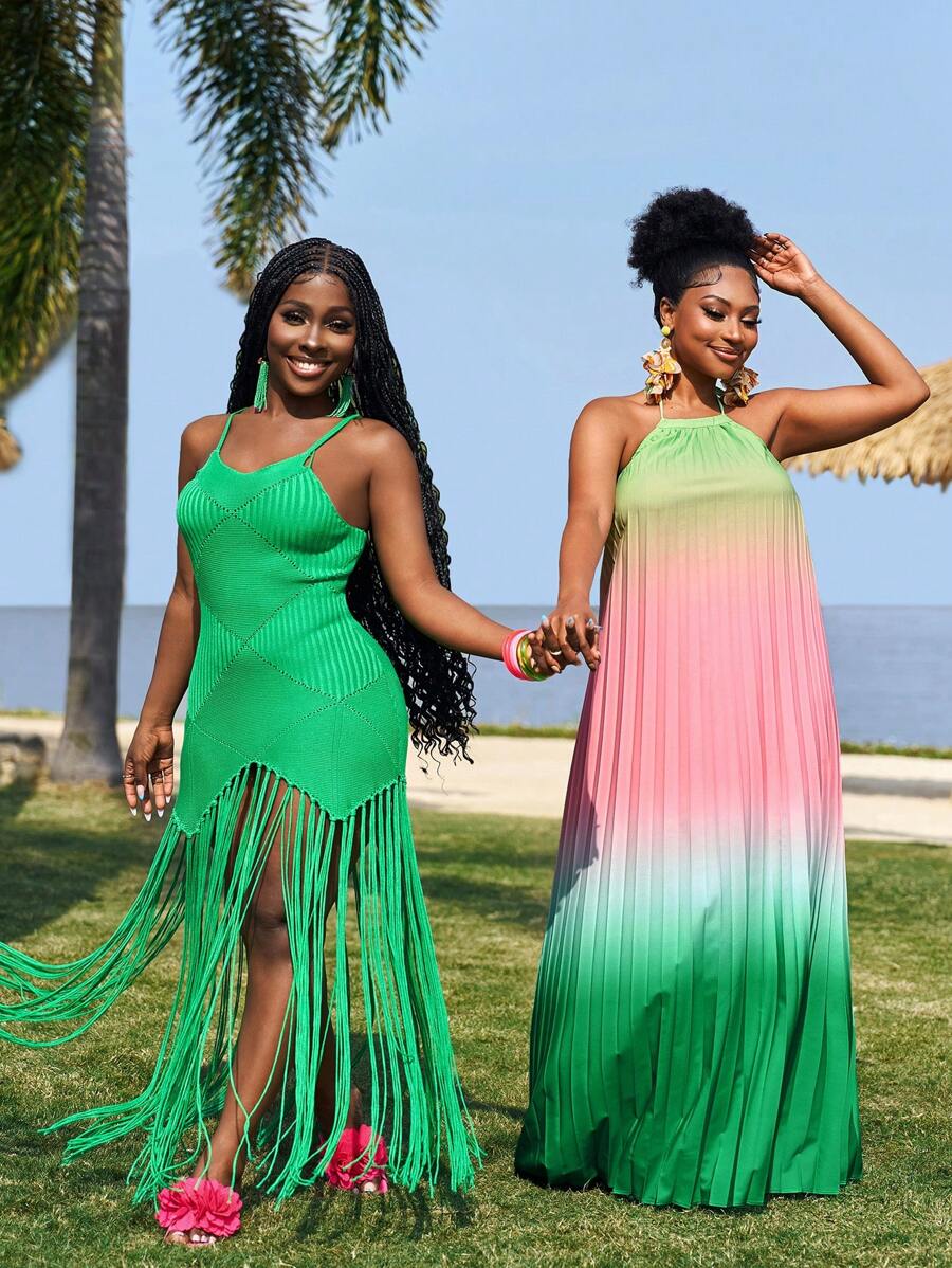 Slaydiva 大码女式渐变色褶皱宽松领带夏季度假连衣裙