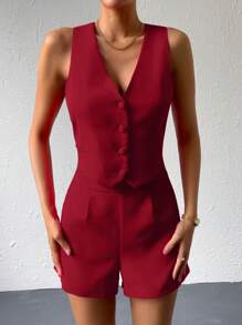 Aveloria Affinna Solid Button Front Waistcoat & Shorts Workwear 