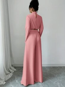 Firerie Bộ đồ hai mảnh áo sơ mi cổ xếp chồng thanh lịch màu hồng và quần ống rộng cho nữ, bộ quần nhẹ và thoải mái, bộ áo không tay bất đối xứng hai mảnh, bộ đồ hai mảnh ngày nhà giáo, bộ đồ hai mảnh áo dài tay đi làm, bộ đồ hai mảnh cho nữ, thanh lịch, đi làm, giản dị, bộ đồ hai mảnh ngày lễ, quần áo ngày lễ tình nhân - Bụi hồng - Xem 6
