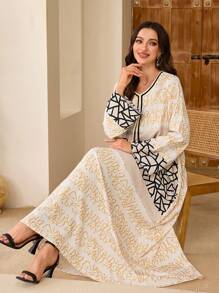 Al Najma Vestido largo informal de estilo árabe con mangas largas, diseño de unicolor con parches y decoración de borlas