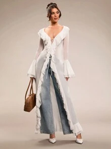 SHEIN BAE Vestido largo envolvente con escote en V profundo, mangas largas y dobladillo con volantes de color blanco puro. Vestido de estilo princesa apto para citas, San Valentín, fiestas, dama de honor, invitada de boda, uso diario, cumpleaños, graduación, vuelta al colegio. - Blanco - Ver 3