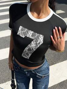 StreetHx Women's New Slim-Fit Color Blocking Ribbon Lace Pattern Round Neck Short Sleeve Crop Top - Black and White - View 1