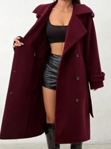 SHEIN PETITE Women's Plush Fake Fur Jacket, Short, Warm, Suitable For Autumn And Winter - Burgundy - View 8